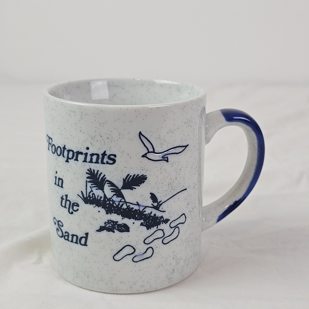 Footprints In The Sand Coffee Mug Beach Scene Tea Blue Speckled Christian